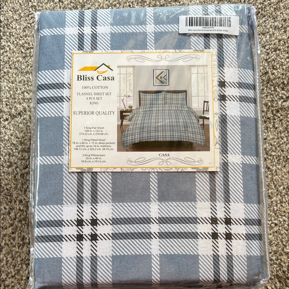 Blue and White Plaid Flannel King Sheet Set